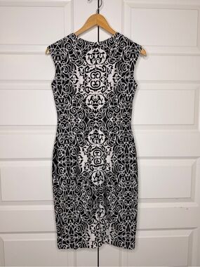 R&K Black and White Scroll-Pattern Midi Sheath Dress